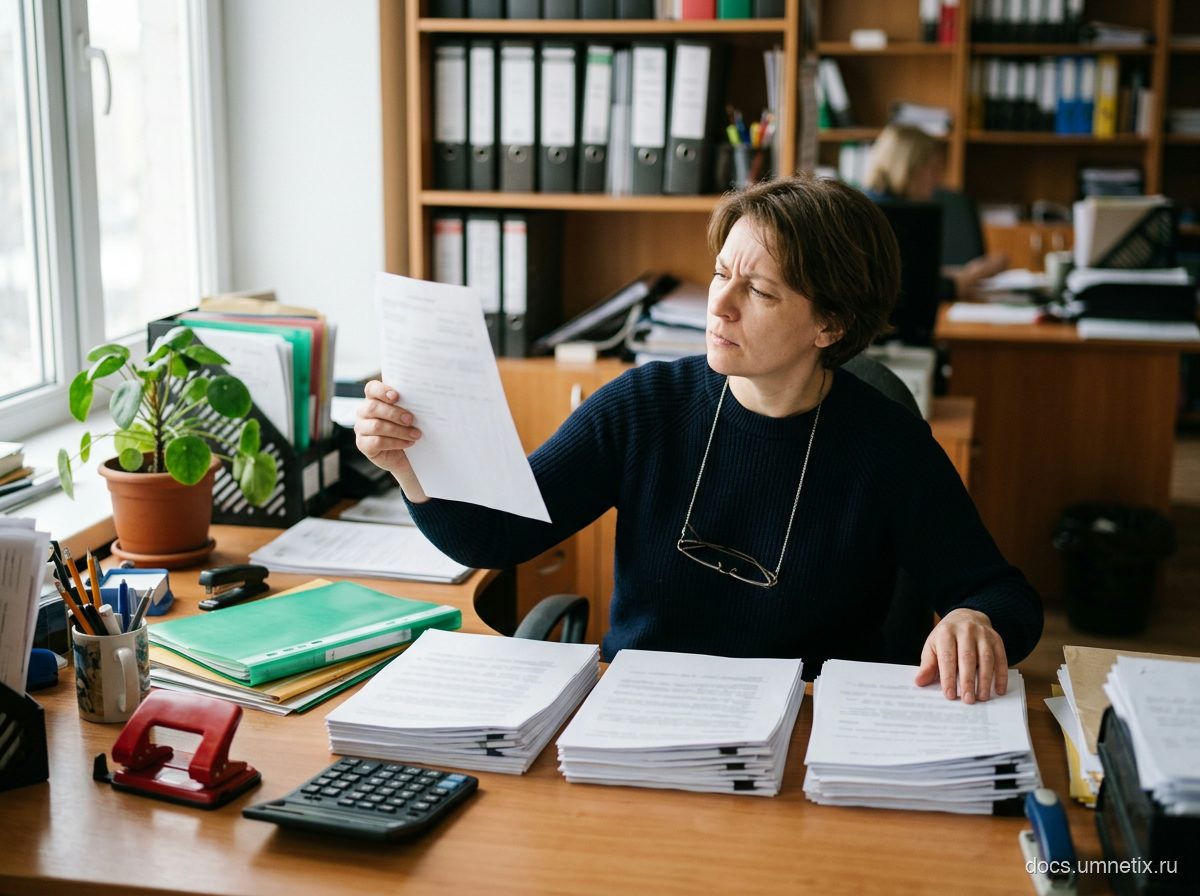 Офис-менеджер раскладывает первичные документы по стопкам на рабочем столе